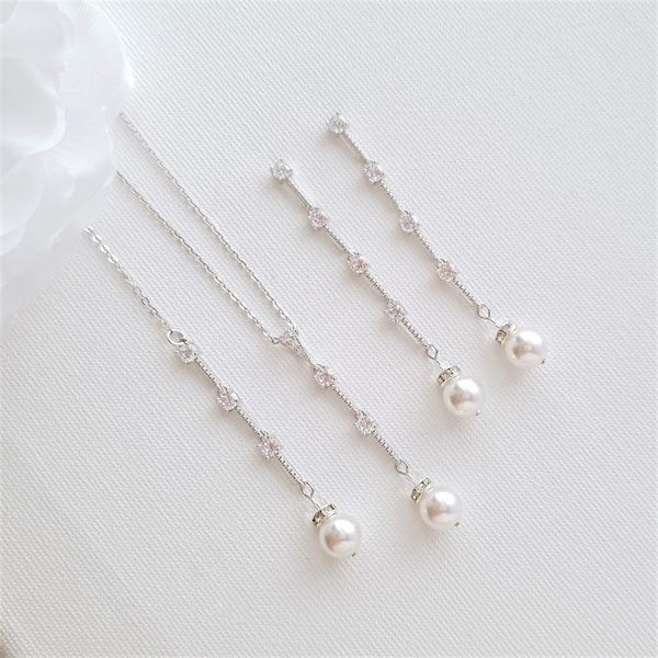 Bridal Jewelry Set Silver, Drop Back Necklace and Earring Set, Simple Wedding Jewelry Set with Pearl and Crystals for Brides, Ginger