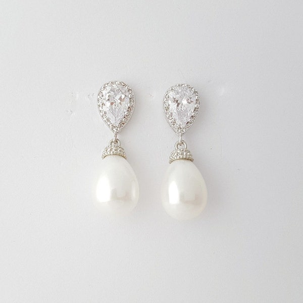 Pearl Earrings, Bridal Jewelry, Cubic Zirconia Bridal Earrings, Silver Pearl Drop Earrings, Bridesmaid Earrings, Wedding Jewelry, Skylar