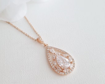 Rose Gold Necklace, Wedding Jewelry, Crystal Drop Bridal Necklace, Teardrop Bridesmaid Necklace, Bridal Jewelry, Esther