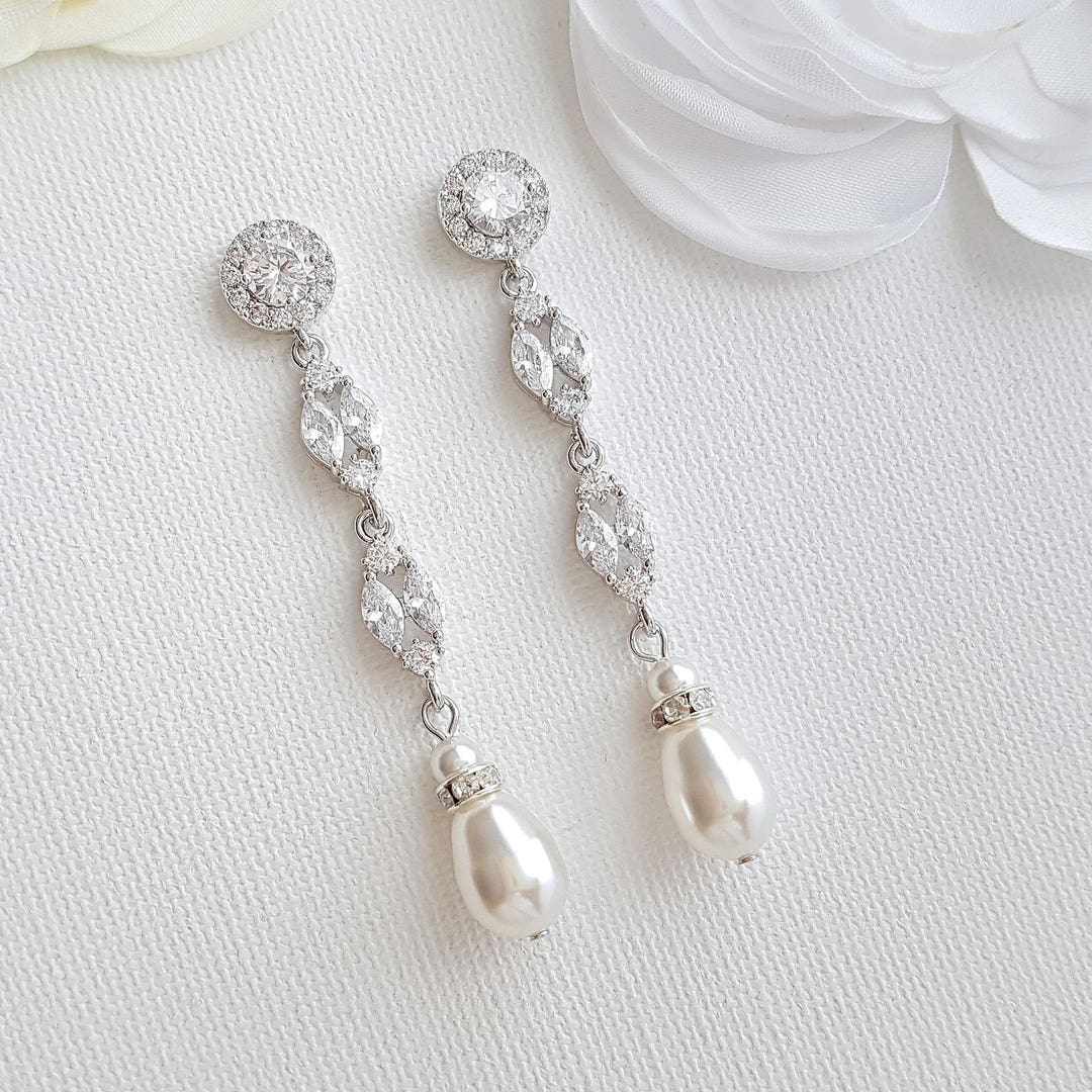 Bridal Earrings Long, Pearl Drop Wedding Earrings, Pearl and Crystal Marquise Earrings, Bridal Jewelry Set Pearl, Wedding Jewelry, Hayley