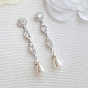 Bridal Earrings Long, Pearl Drop Wedding Earrings, Pearl and Crystal Marquise Earrings, Bridal Jewelry Set Pearl, Wedding Jewelry, Hayley image 4