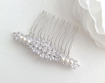 Small Silver Bridal Hair Comb With Marquise Cubic Zirconia Crystals And Pearls, Wedding Comb For Brides, Giselle
