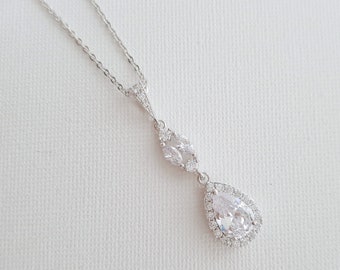 Simple Bridal Necklace, Crystal Drop Pendant Necklace For Brides and Bridesmaids, Teardrop Wedding Necklace, Hayley