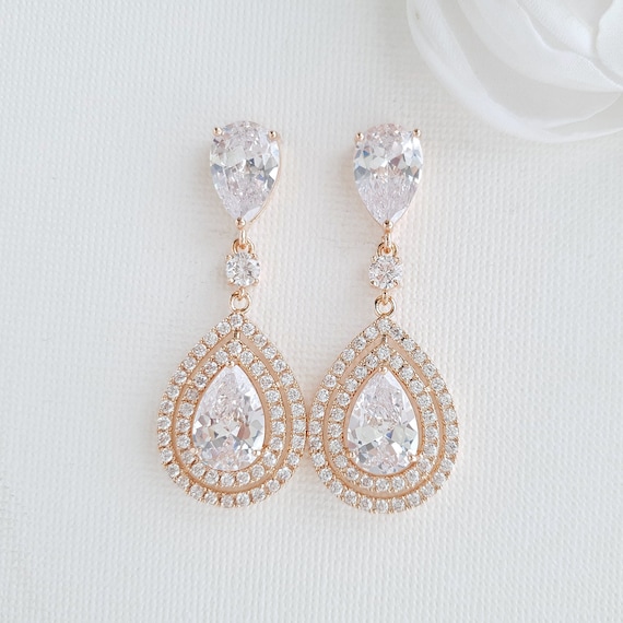 Rose Gold Bridal Earrings Crystal Drop Wedding Earrings Rose | Etsy