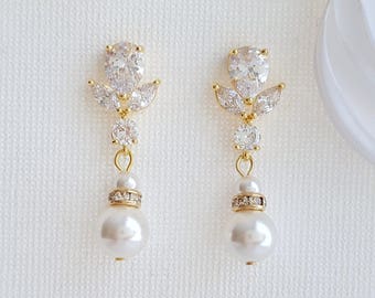 Gold Bridal Earrings with Pearl Drops and Crystal, Wedding Earrings for Brides, Pearl Drop Earrings, Nicole