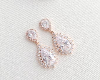 Vintage Style Rose Gold Bridal Earrings with Pear Shaped Cubic Zirconia, Elegant Rose Gold Wedding Jewelry, Raya