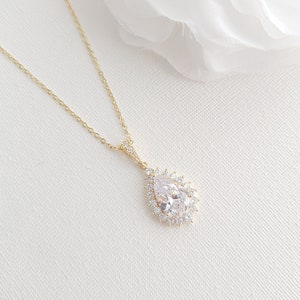 Rose Gold Wedding Necklace, Crystal Bridal Necklace, CZ Tear Drop Necklace, Rose Gold Bridal Jewelry, Raya Gold