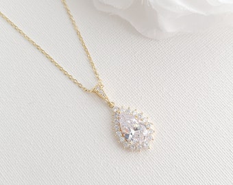 Tear Drop Gold Necklace, Wedding Necklace, Crystal Bridal Necklace, Cubic Zirconia Pendant Necklace, Gold Bridal Jewelry, Raya