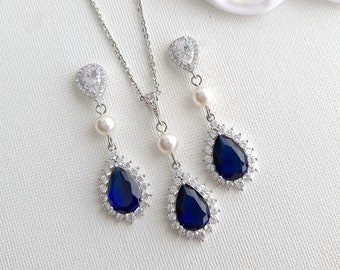 Sapphire and Pearl Wedding Jewelry Set, Cubic Zirconia Blue Drop Earrings, Necklace and Bracelet Set, Silver Blue and Pearl Jewelry Set, Aoi