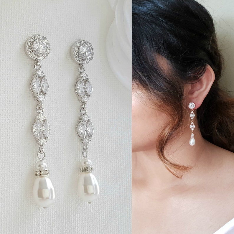 Bridal Earrings Long, Pearl Drop Wedding Earrings, Pearl and Crystal Marquise Earrings, Bridal Jewelry Set Pearl, Wedding Jewelry, Hayley Silver