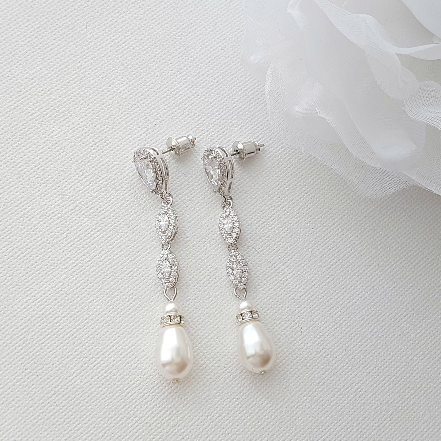 Long Bridal Earrings Crystal Wedding Earrings Pearl Drop | Etsy
