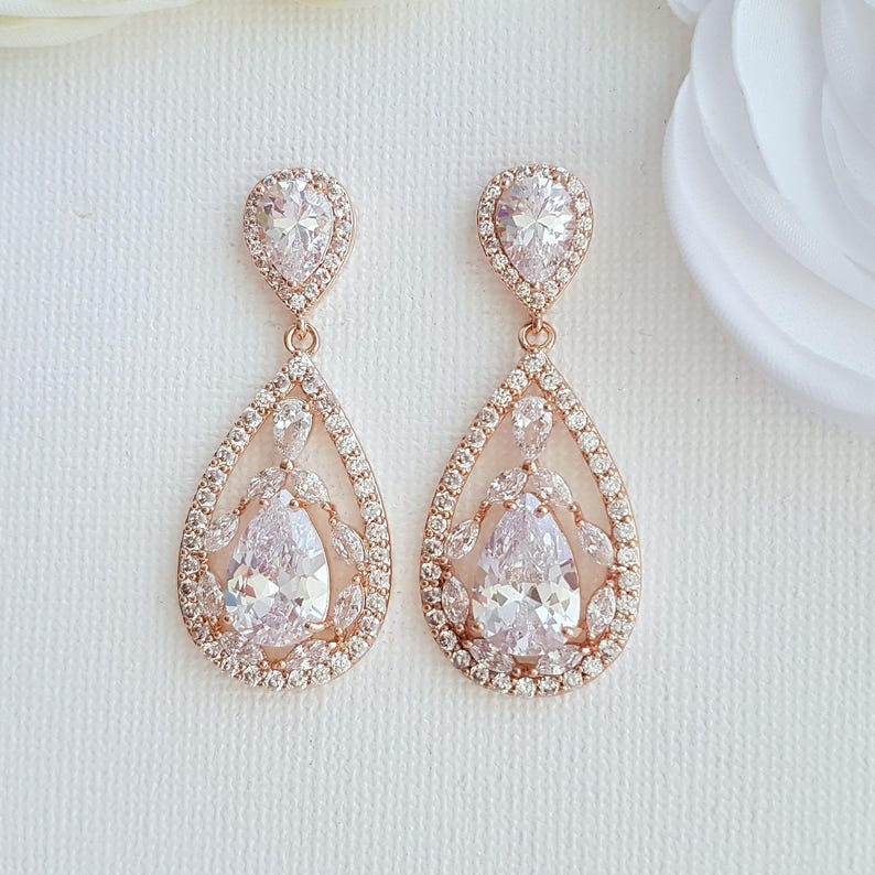 Wedding Earrings Rose Gold Bridal Jewelry Cubic Zirconia Large | Etsy