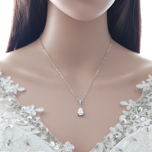 Simple Bridal Necklace, Teardrop CZ Pendant Necklace, Silver, Rose Gold, Gold Wedding Necklace, Wedding Jewelry, Nicole