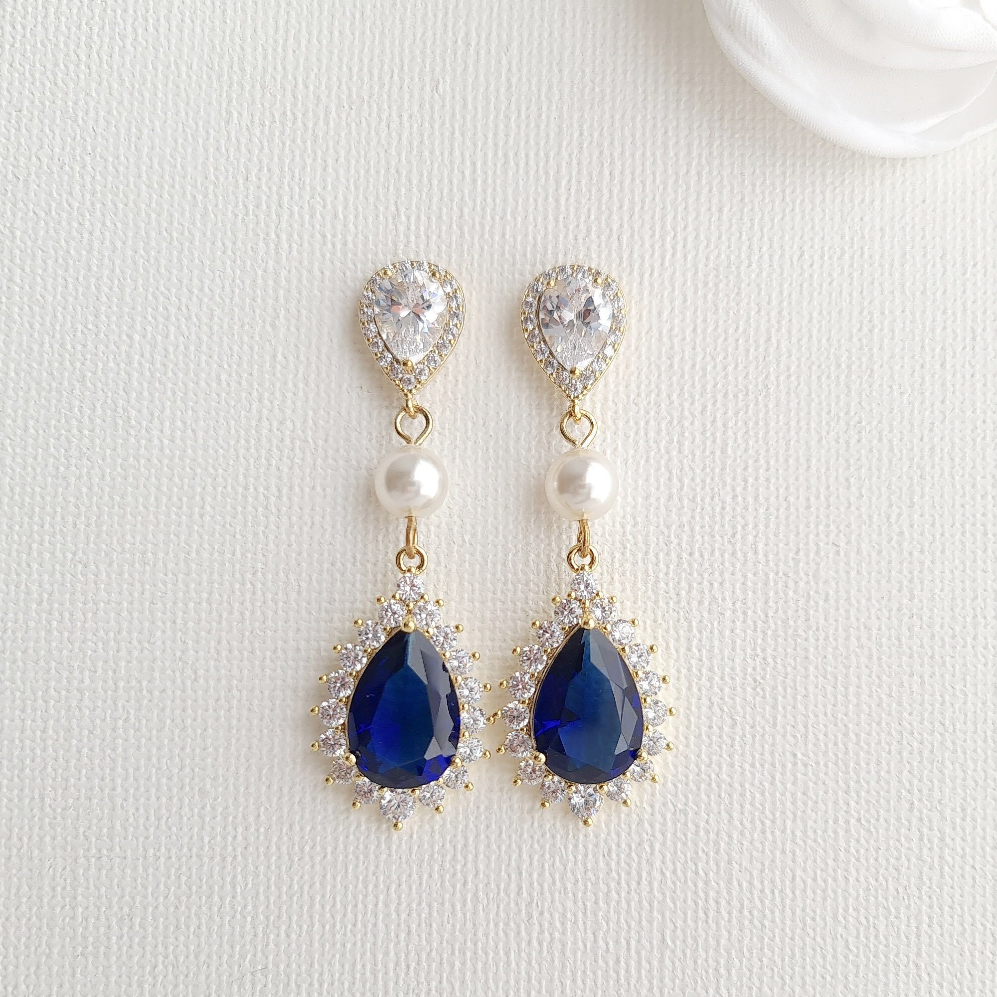 Blue Pearl Gold Wedding Earrings