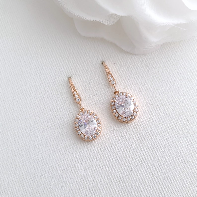 Oval Crystal Bridal Earrings, Dangle Bridesmaid Earrings, Cubic Zirconia Earrings, Small Earrings For Bride, Bridal Jewelry Set, Emily Rose gold
