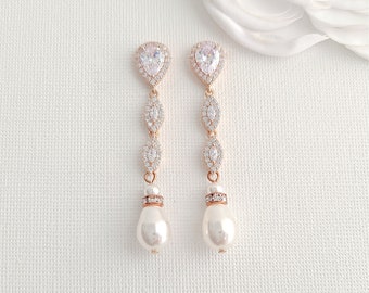 Rose Gold Bridal Earrings, Pearl And Crystal Wedding Earrings, Marquise And Drop Rose Gold Wedding Jewelry, Abby