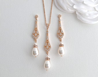 Rose Gold Pearl Jewelry Set For Bride, Pearl Drop Earrings and Necklace set, Art Deco Jewelry Set, Rose Gold Bridal Jewelry, Lisa