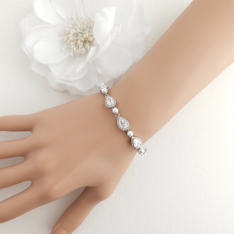Gold Pearl Teardrop Wedding Bracelet, CZ Pearl Pear Crystal Bridal Bracelet, Gold Wedding Jewelry, Luna image 9