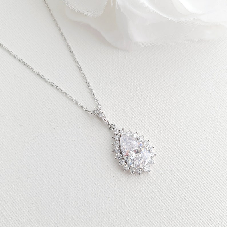 Tear Drop Gold Necklace, Wedding Necklace, Crystal Bridal Necklace, Cubic Zirconia Pendant Necklace, Gold Bridal Jewelry, Raya Silver