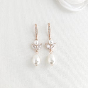 Pearl Dangle Earrings In Rose Gold, Leaf and Pearl Drop Wedding Earrings, Bridal Pearl Earrings, Leila