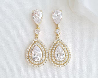 Gold Teardrop Earrings For Wedding, Crystal Bridal Drop Earrings, Gold Bridal Jewelry, Joni
