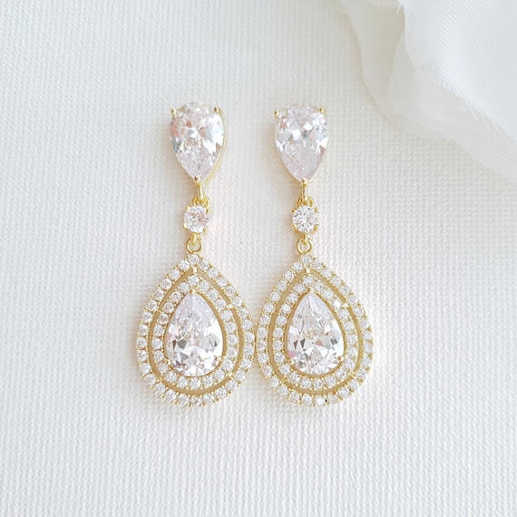 Gold Post Teardrop Bridal Earrings. Wedding Bridal Bridesmaid Earrings –  RusticGemJewelry