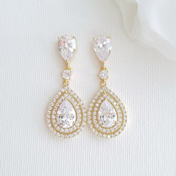 Gold Teardrop Earrings for Wedding Crystal Bridal Drop Earrings