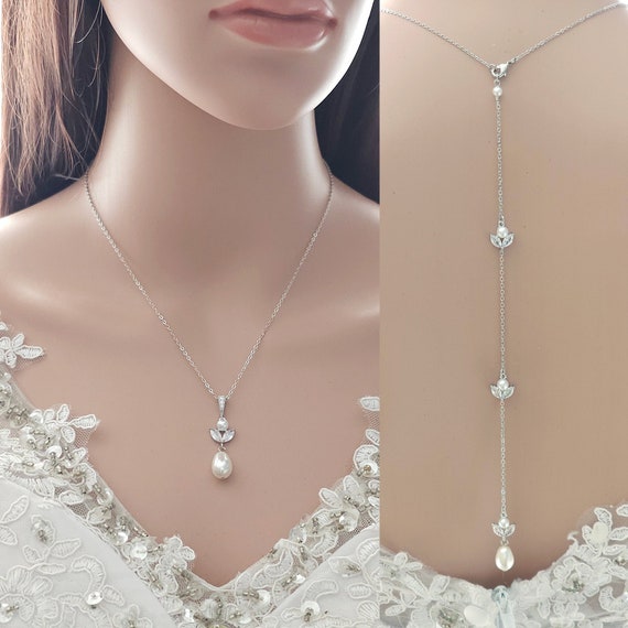 Simple Pearl Necklace With Detachable Back Drop, Wedding Necklace