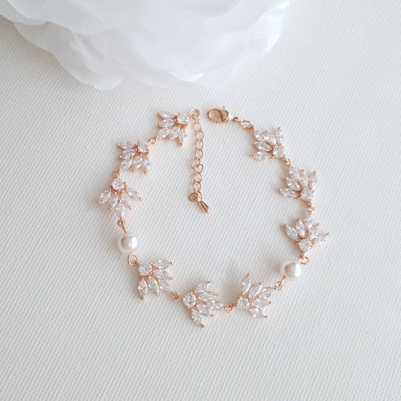 Bridal Bracelet Silver Crystal with Pearls Leaf Wedding | Etsy