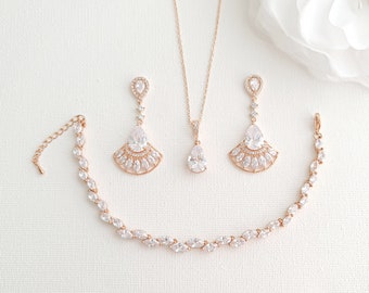 Rose Gold Bridal Necklace Set with Earrings And Bracelet, Rose Gold CZ Wedding Jewelry Set For Brides And Wedding Day, Ilana
