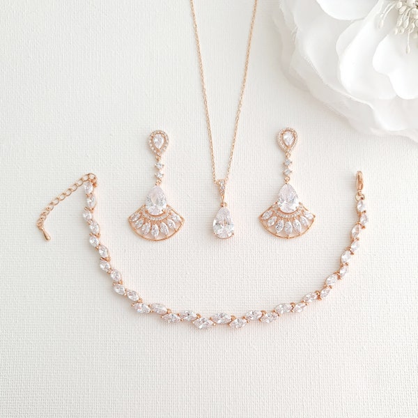 Rose Gold Bridal Necklace Set with Earrings And Bracelet, Rose Gold CZ Wedding Jewelry Set For Brides And Wedding Day, Ilana