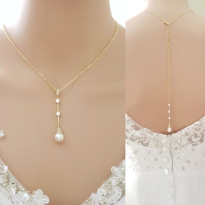 Gold Bridal Back Necklace, Crystal Back Drop Necklace, Open Back Necklace, Pearl Drop Crystal Pendant, Bridal Jewelry, Ginger