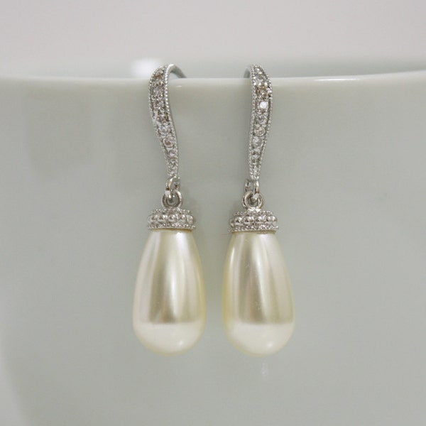 Wedding Jewelry Pearl Jewelry Cream Pearl Earrings Bridal Earrings Cubic Zirconia Teardrop Silver Earrings