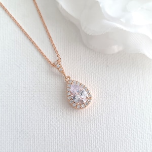 Rose Gold Teardrop Bridal Necklace, Zirconia Small Pendant, Bridesmaid Gift, Wedding Necklace Bridal Jewelry, Emma