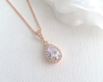 Rose Gold Teardrop Bridal Necklace, Zirconia Small Pendant, Bridesmaid Gift, Wedding Necklace Bridal Jewelry, Emma