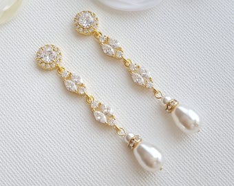 Long Gold Earrings for Brides, Bridal Earrings Pearl and Gold, Wedding Drop Earrings and Necklace Set, Wedding Jewelry, Hayley