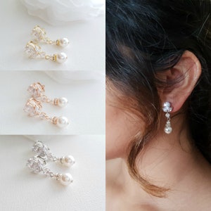 Clip On Pearl Drop Wedding Earrings, Bridal Earrings For Non Pierced Ears, Rose Gold/ Silver/ Gold Wedding Jewelry, Nicole