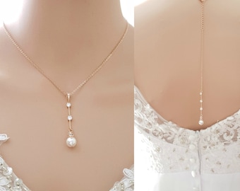 Rose Gold Bridal Drop Necklace, Back Wedding Necklace, Dainty Necklace with Pearl Drop, Crystal Wedding Jewelry for Brides, Ginger