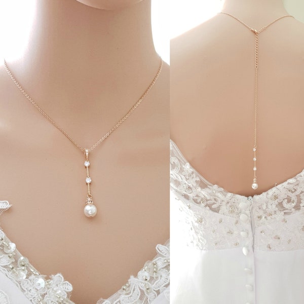Rose Gold Bridal Drop Necklace, Back Wedding Necklace, Dainty Necklace with Pearl Drop, Crystal Wedding Jewelry for Brides, Ginger