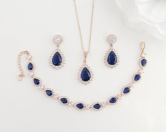 Rose Gold Blue Sapphire Jewelry Set, Blue Stone And Rose Gold Earrings, Necklace And Bracelet Set, Something Blue Jewelry For Wedding, Aoi