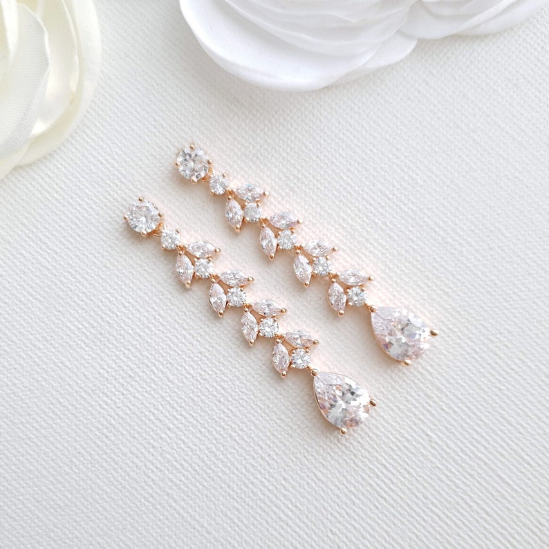Rose Gold Marquise Long Bridal Earrings Leaf Crystal Drop