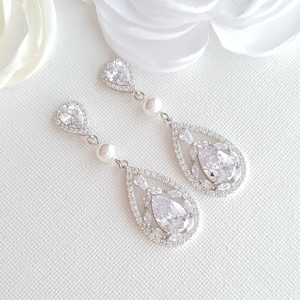 Vintage Style Pearl Crystal Bridal Earrings, Teardrop Wedding Earrings, Necklace Earring Set, Wedding Jewelry, Esther Silver