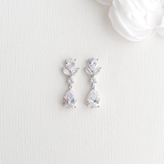 Bridal Drop Earrings Silver Clear Cubic Zirconia Teardrop