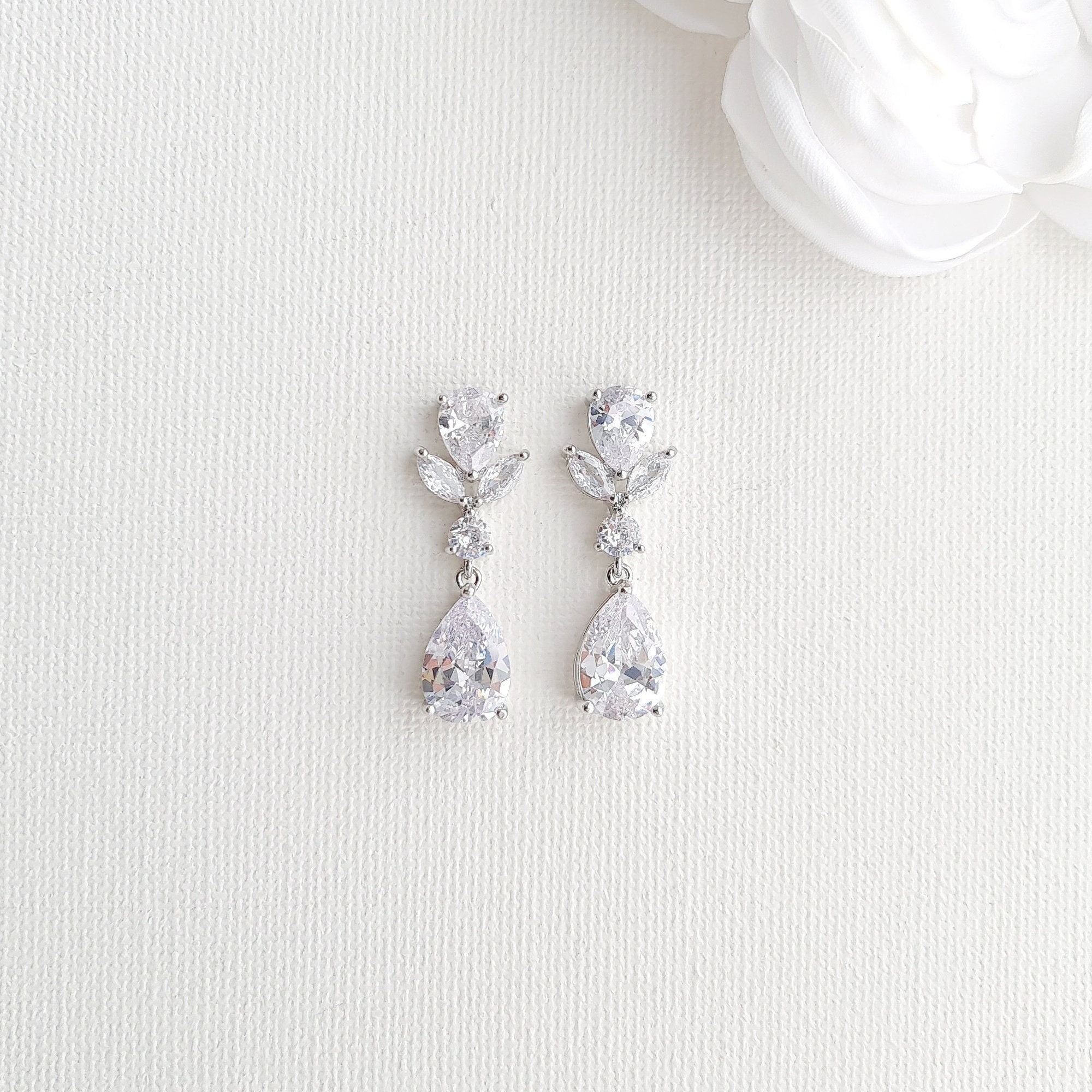 Bridal Drop Earrings, Silver Clear Cubic Zirconia Teardrop