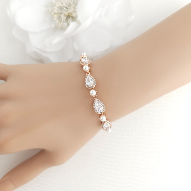 Gold Pearl Teardrop Wedding Bracelet, CZ Pearl Pear Crystal Bridal Bracelet, Gold Wedding Jewelry, Luna image 8