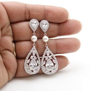 Vintage Style Pearl Crystal Bridal Earrings, Teardrop Wedding Earrings, Necklace Earring Set, Wedding Jewelry, Esther image 3