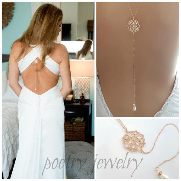 Rose Gold Back Necklace Bridal Crystal Wedding Necklace Rose Gold Bridal Backdrop Necklace Simple Back Necklace Jewelry, Sadie