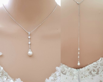 Drop Back Necklace, Simple Wedding Necklace, Bridal Necklace Pearl and Crystals, Back Drop Pendant, Necklace Jewelry for Brides, Ginger