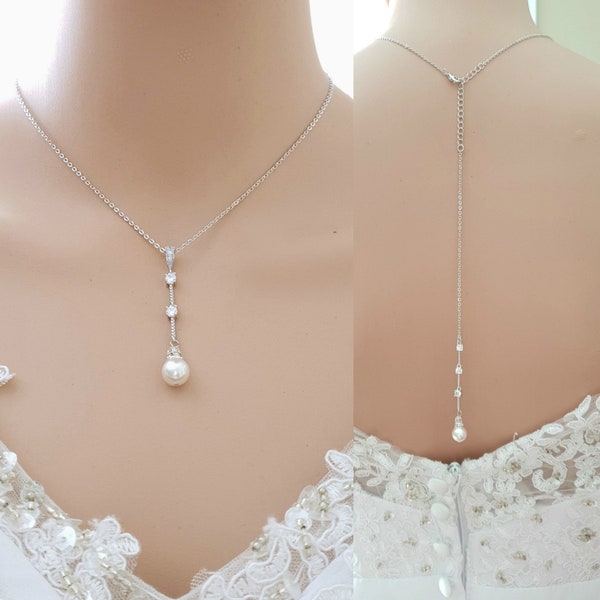 Drop Back Necklace, Simple Wedding Necklace, Bridal Necklace Pearl and Crystals, Back Drop Pendant, Necklace Jewelry for Brides, Ginger
