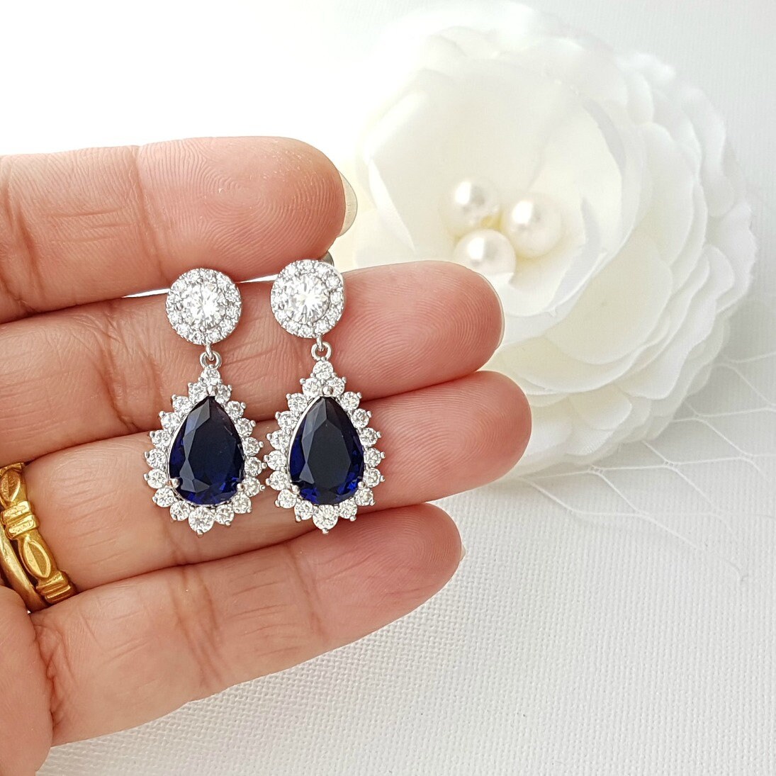 Rose Gold Blue Sapphire Earrings For Brides Teardrop Wedding | Etsy